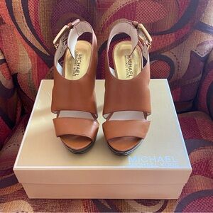 Michael Kors Tan Leather Open Toe Wedge Sandals